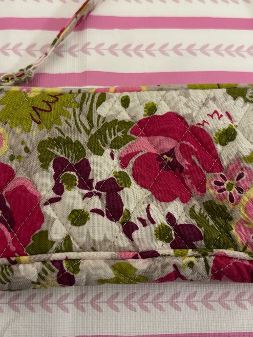 Vera Bradley Quilted Floral Wristlet in Pink, Green, White Make Me Blush Pattern